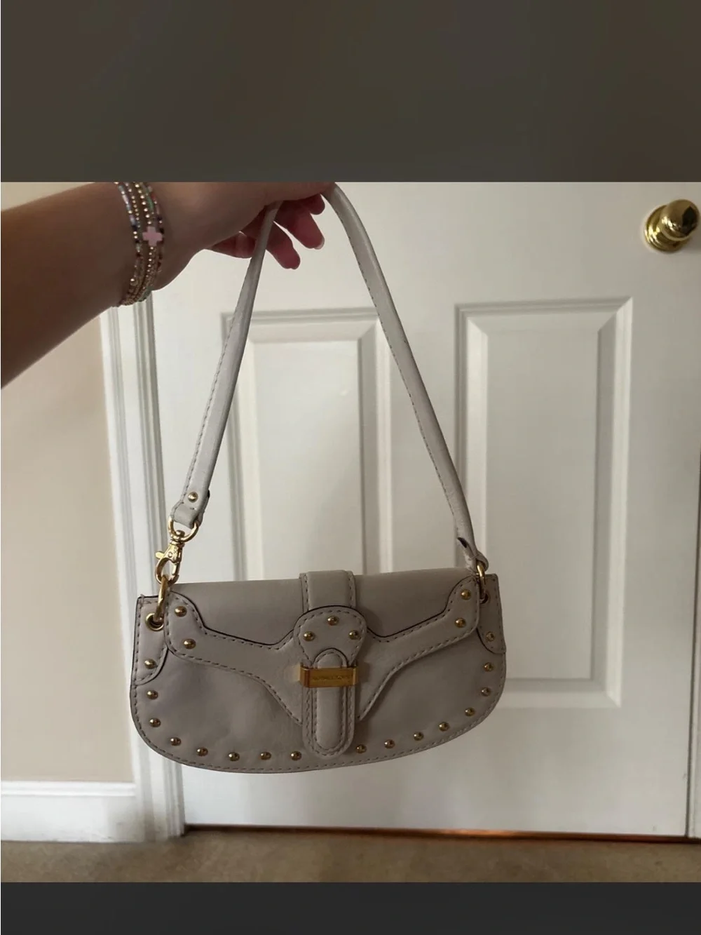 Michael Kors White Leather Mini Shoulder Bag with Gold Studs